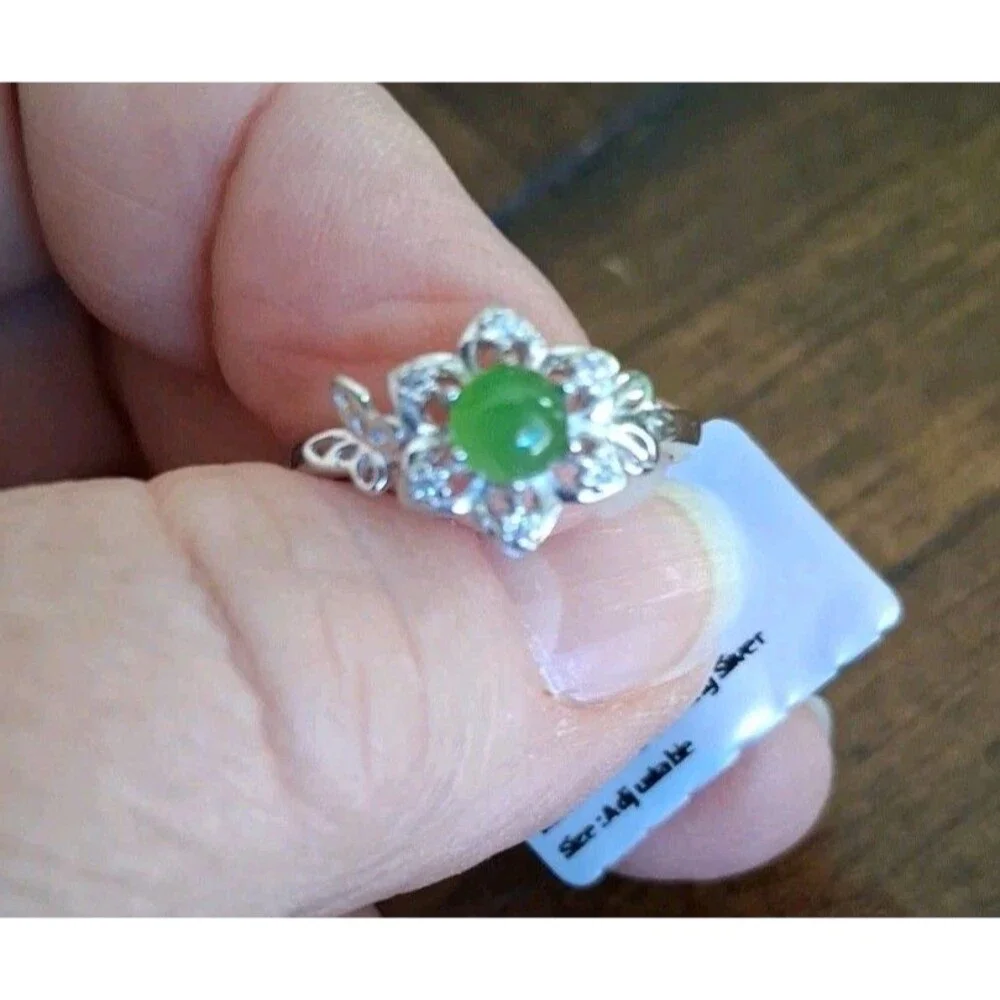 Green Jade Ring 925 Sterling Silver Natural Size 7 Adjustable NWT Butterfly